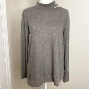 Democracy Mock Neck Cut Out Button Long Sleeve Gray Taupe Super Soft Sweater S